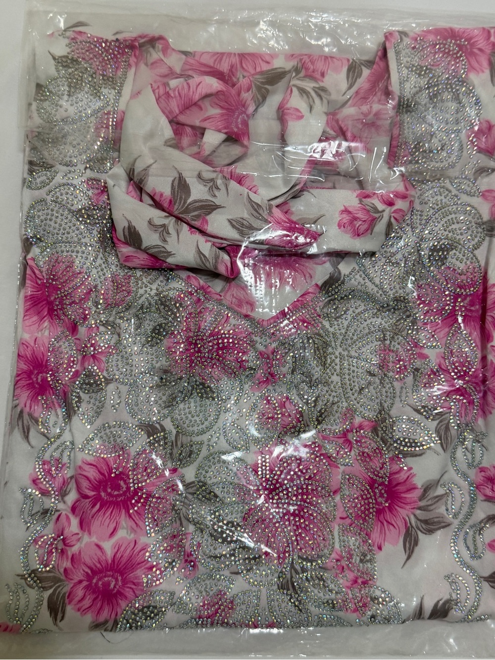 Floral Pink Embellished Women's Tunic - Elegant Floral Print Abaya with belt